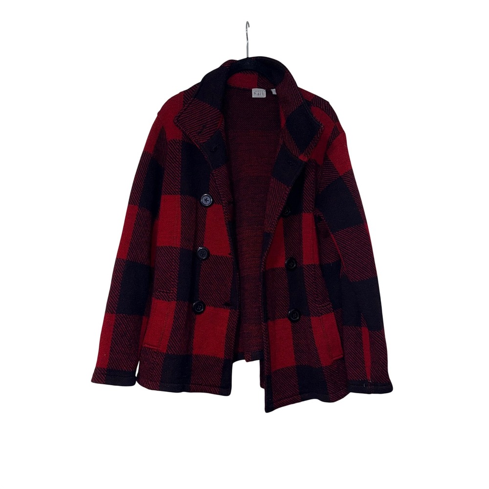 Keren Hart Buffalo Plaid Pea Coat Womens L Red Black 100% Wool